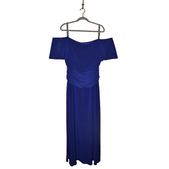 R&M‎ RICHARDS NEW $139 Blue Off-Shoulder Ruched Maxi Dress Rhinestone Straps 16W - Picture 1 of 3